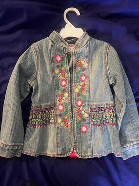 Flapdoodles Light Blue Denim Jacket with Pink & Multicolor Embroidery